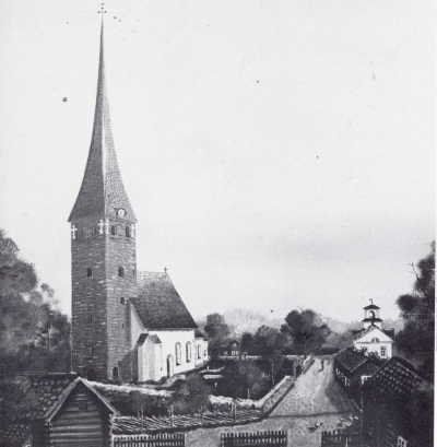 Kyrkan med det höga (77 m) tornet som blixten antände 1873